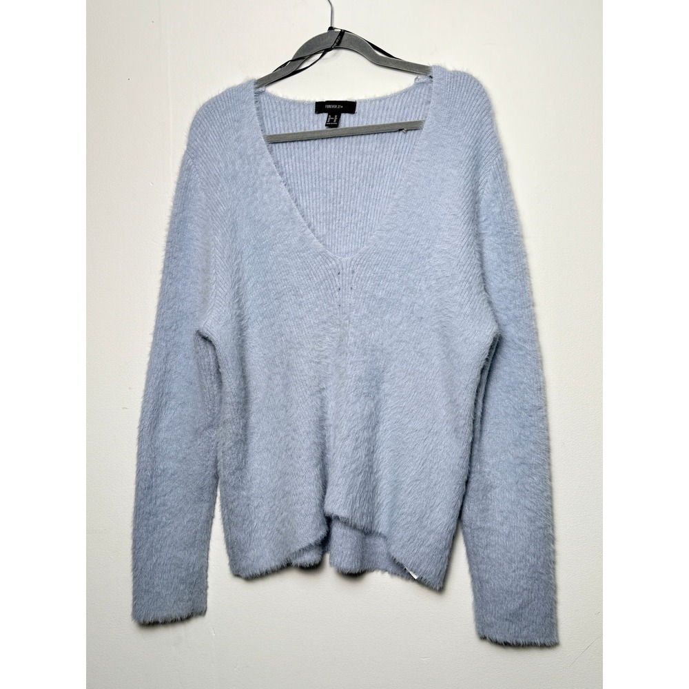 FOREVER 21 PLUS Fuzzy Knit V‎ Neck Long Sleeve Sweater Light Blue Size 3X